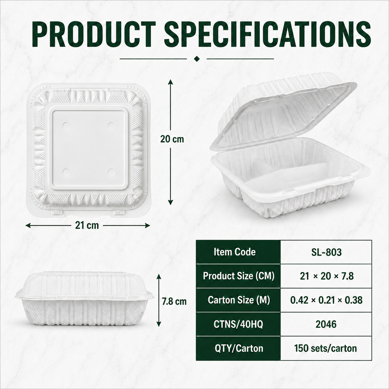 SL-803 8x8 Inch 3 Compartment Smart Lock MFPP Clamshell Food Container for Takeaway